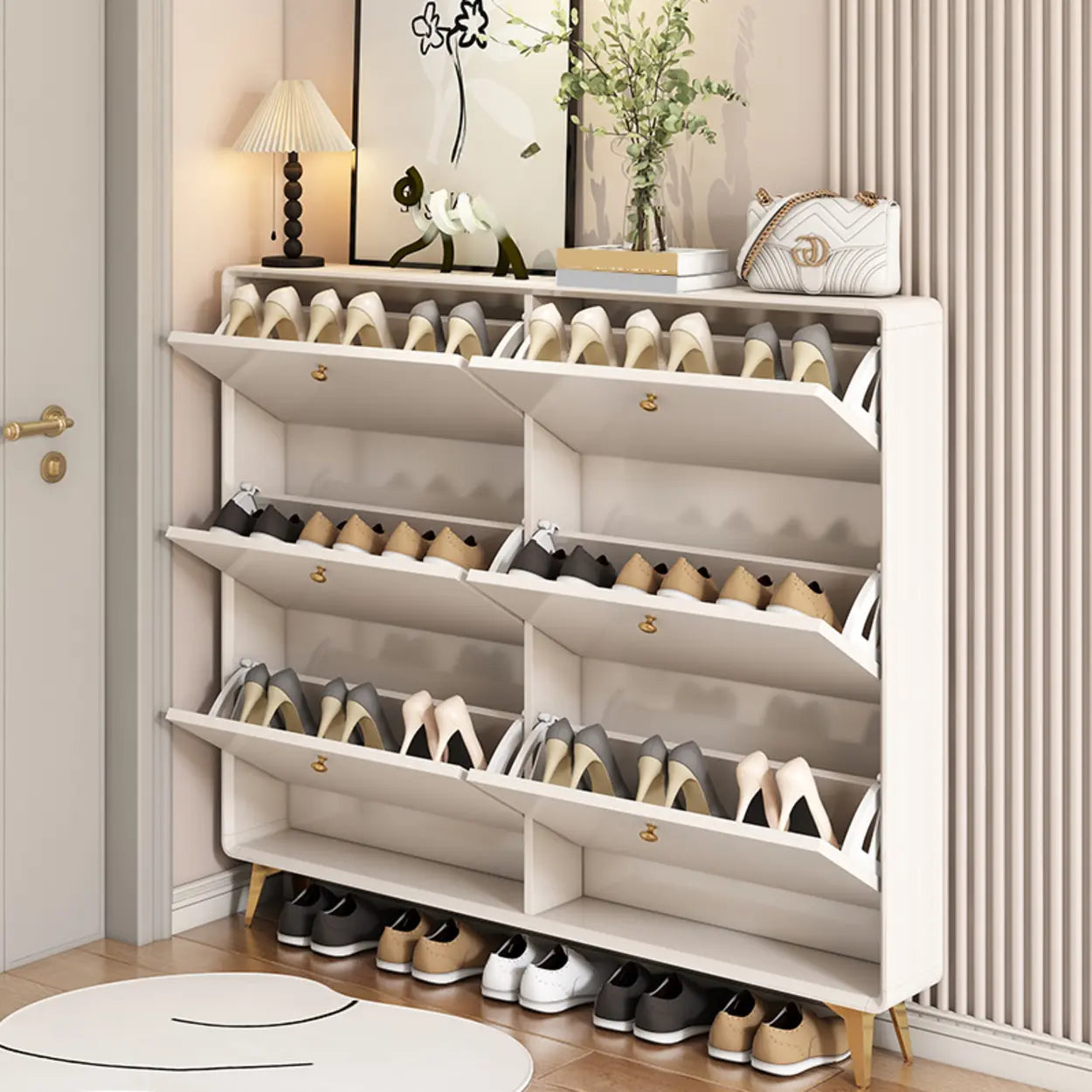 Modern Tall White Wood Hallway Shoe Cabinet