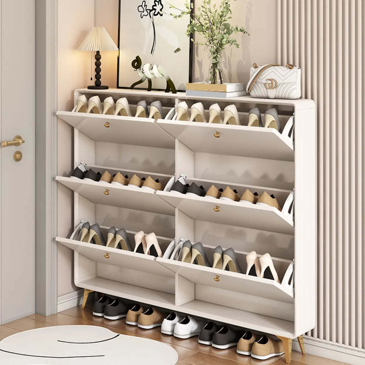 Modern Tall White Wood Hallway Shoe Cabinet