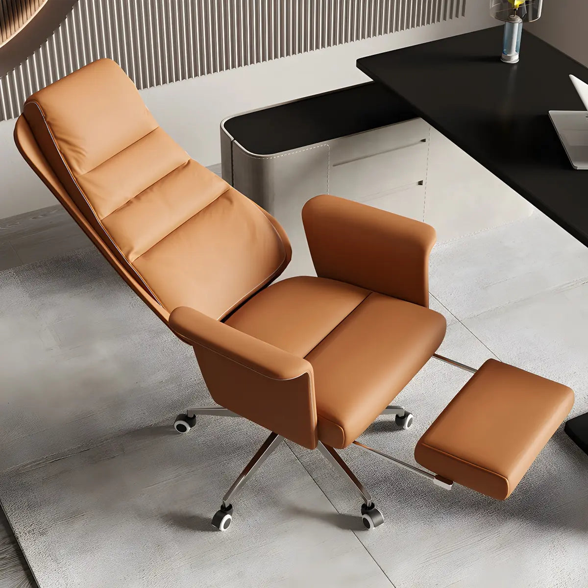 Modern Tan Reclining Leather Office Chair with Footrest