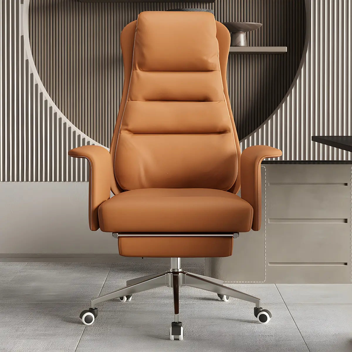 Modern Tan Reclining Leather Office Chair with Footrest — Black / Microfiber Leather