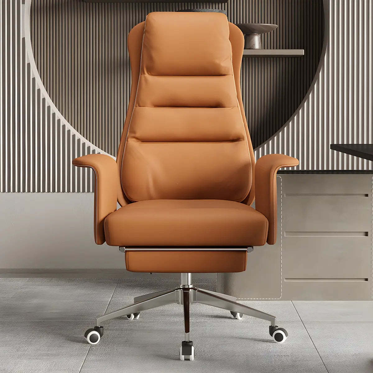 Lighom leather footrest reclining tan office chairs in leather — Faux Leather / Orange