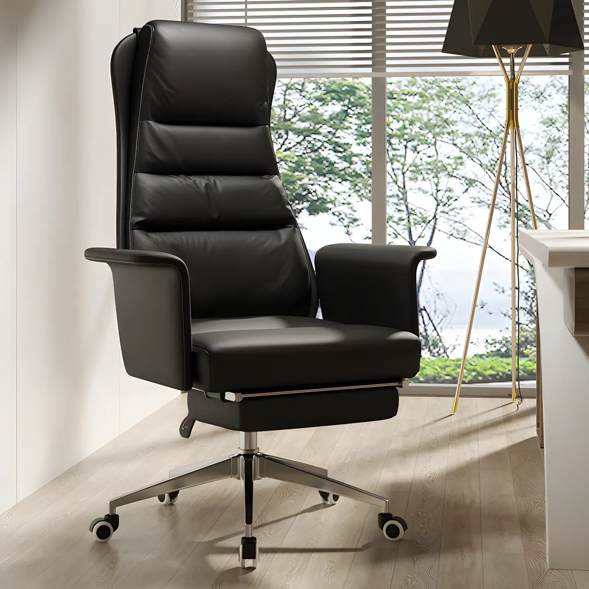 Modern Tan Reclining Leather Office Chair with Footrest — Orange / Microfiber Leather