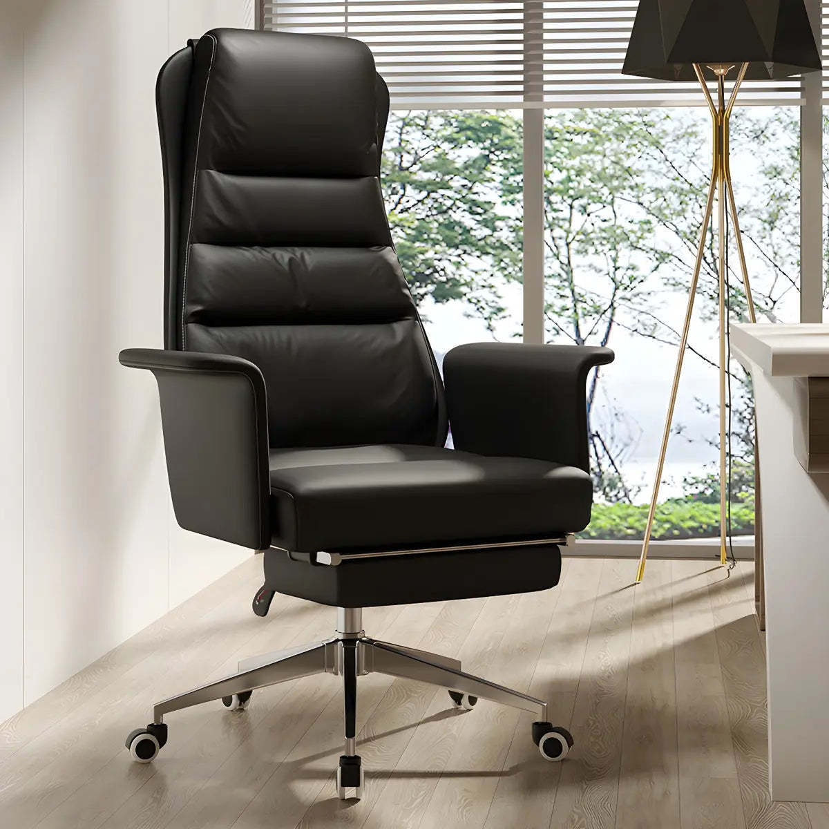 Modern Tan Reclining Leather Office Chair with Footrest — Orange / Microfiber Leather