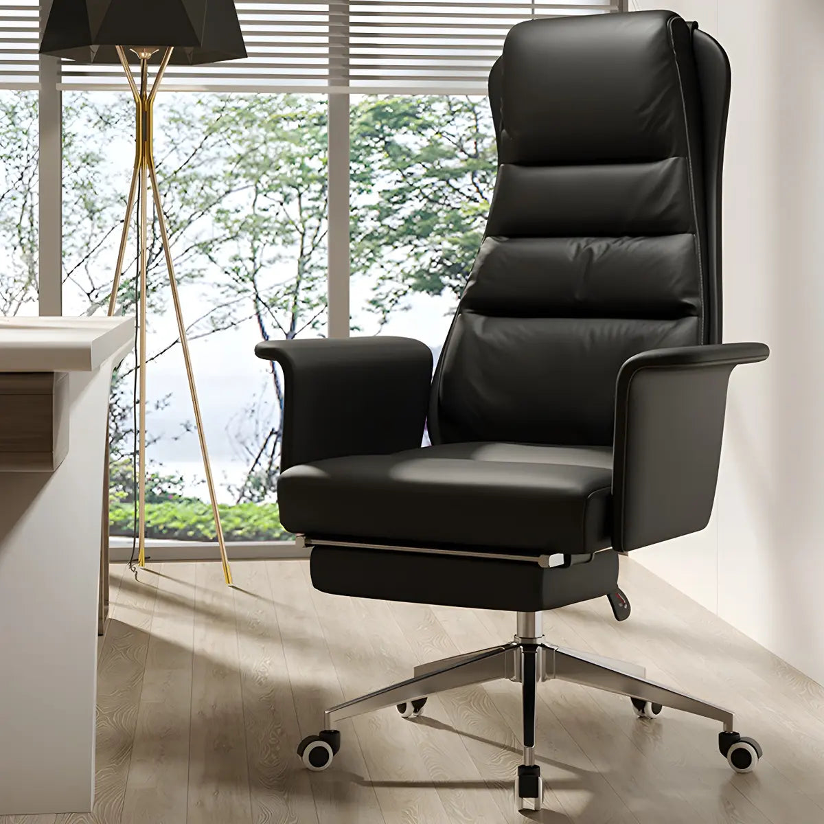 Modern Tan Reclining Leather Office Chair with Footrest