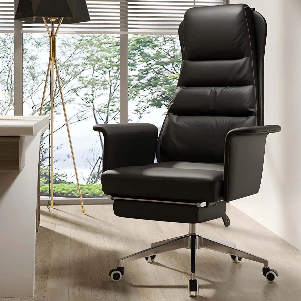Modern Tan Reclining Leather Office Chair with Footrest