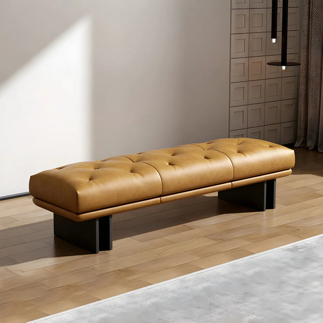 Upholstered Leather Bench with Modern Base — Black / Full Grain Cow Leather
