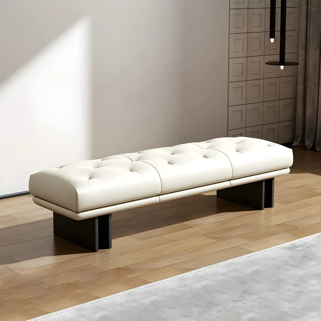 Upholstered Leather Bench with Modern Base — Black / Genuine Leather