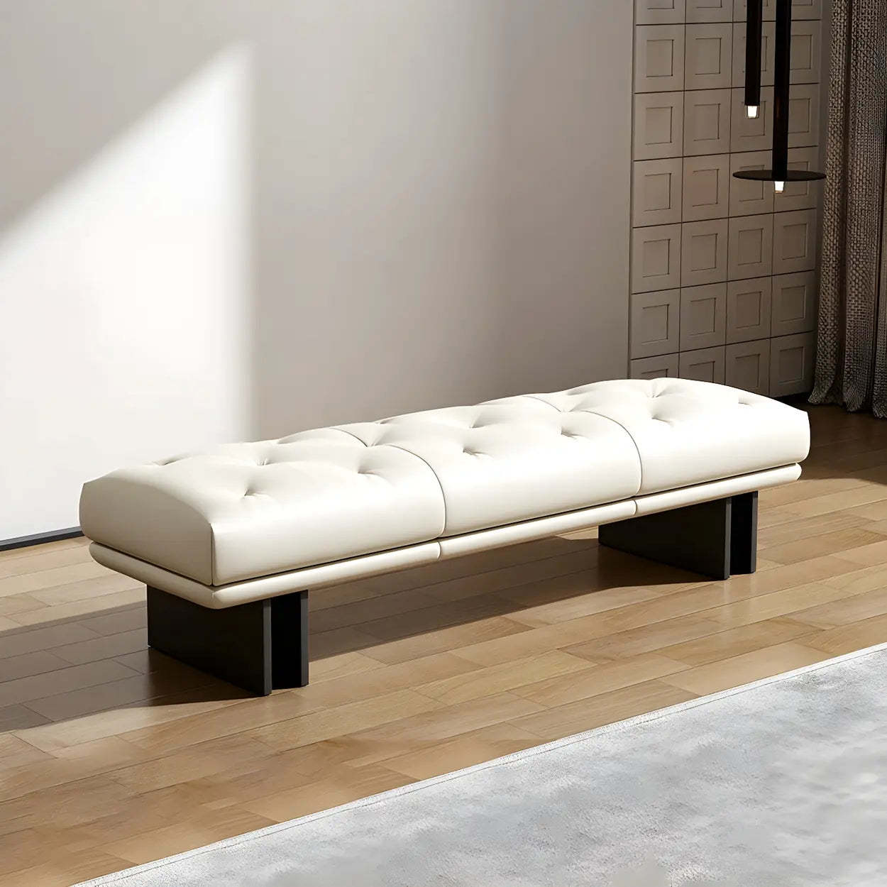 Upholstered Leather Bench with Modern Base — Black / Genuine Leather