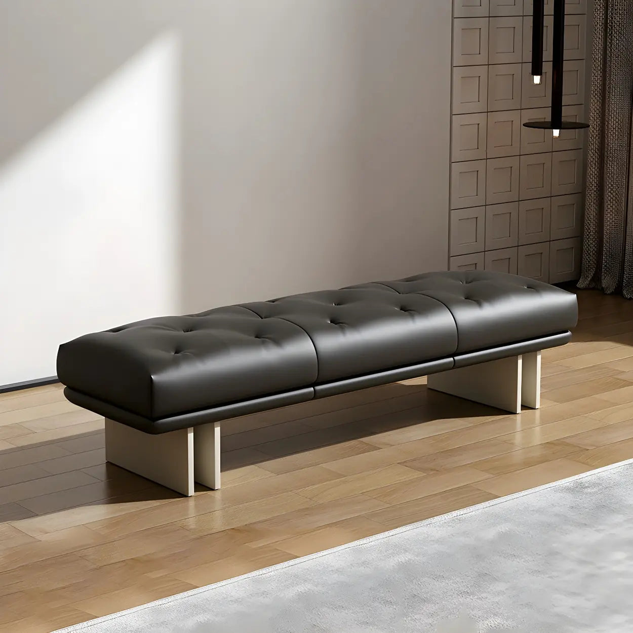 Upholstered Leather Bench with Modern Base — Black / Full Grain Cow Leather