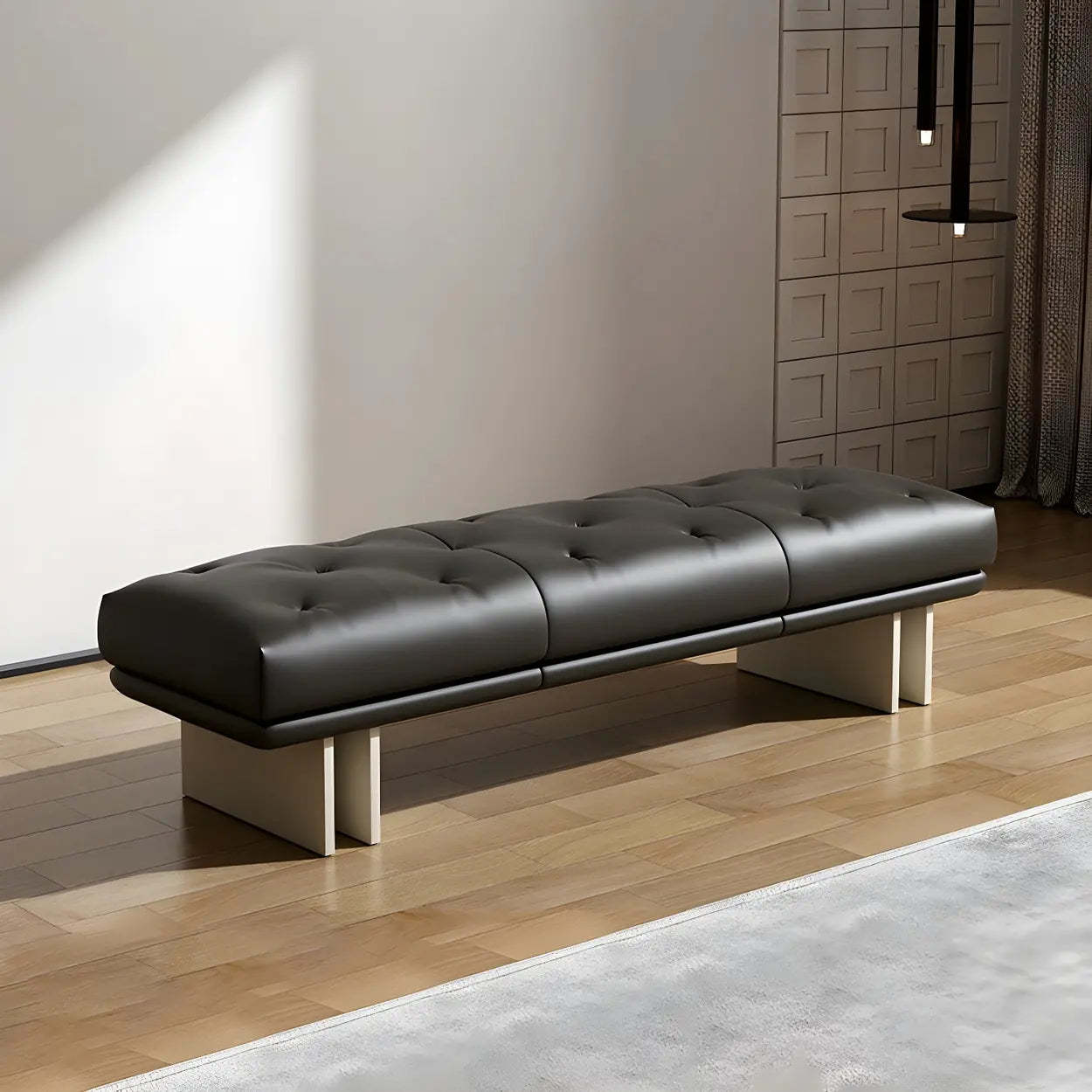Upholstered Leather Bench with Modern Base — Black / Full Grain Cow Leather