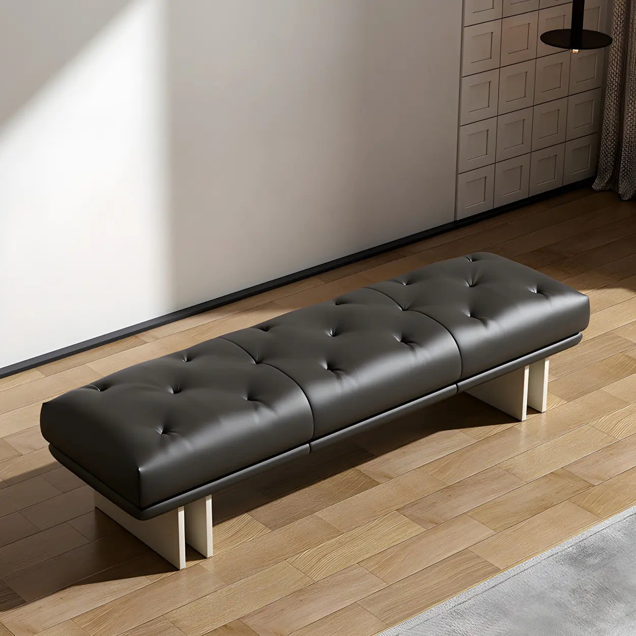 Upholstered Leather Bench with Modern Base — Black / Genuine Leather