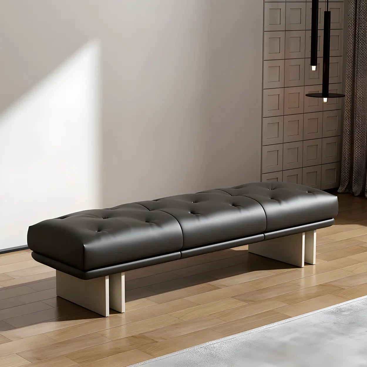 Upholstered Leather Bench with Modern Base — Black / Full Grain Cow Leather