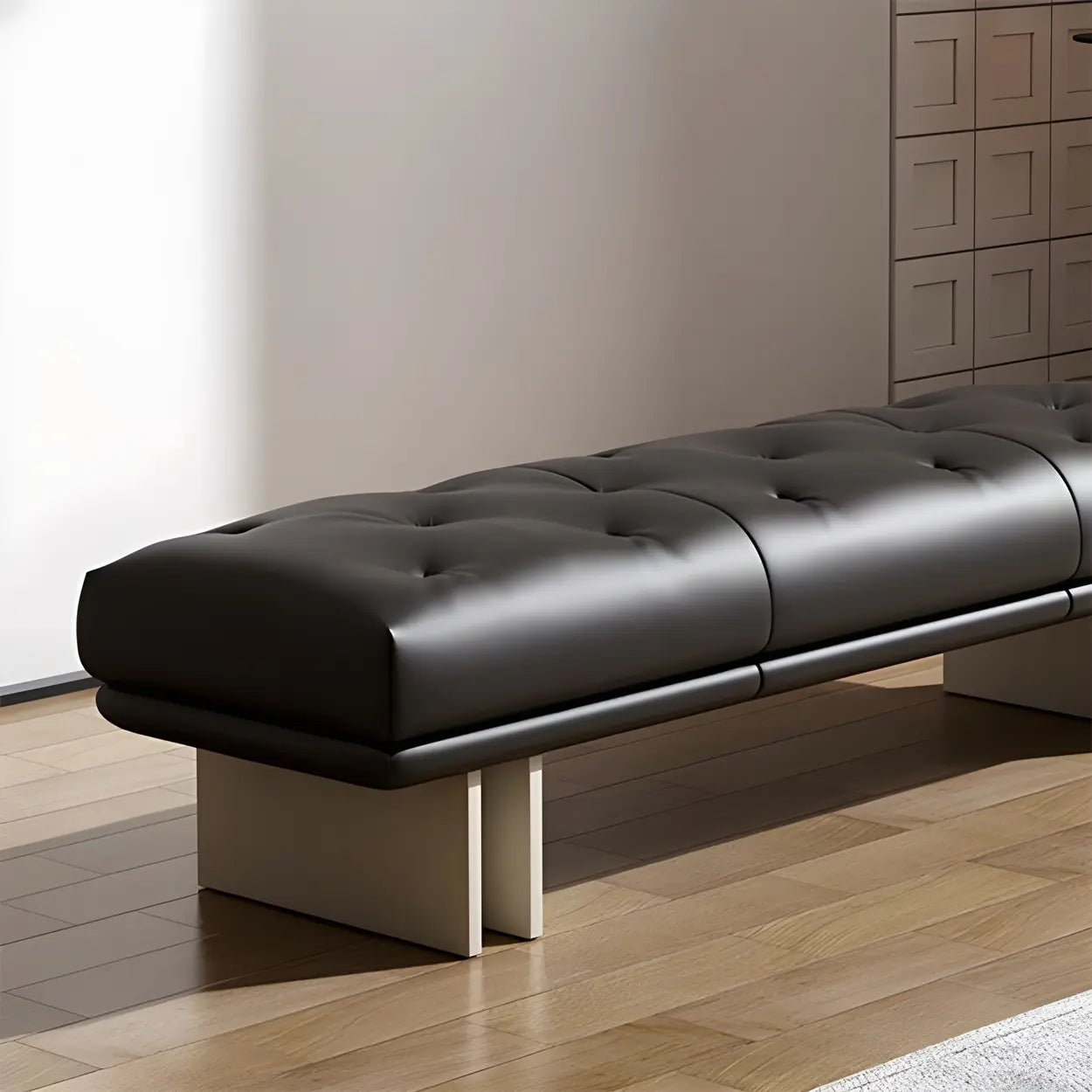 Upholstered Leather Bench with Modern Base — Brown / Genuine Leather