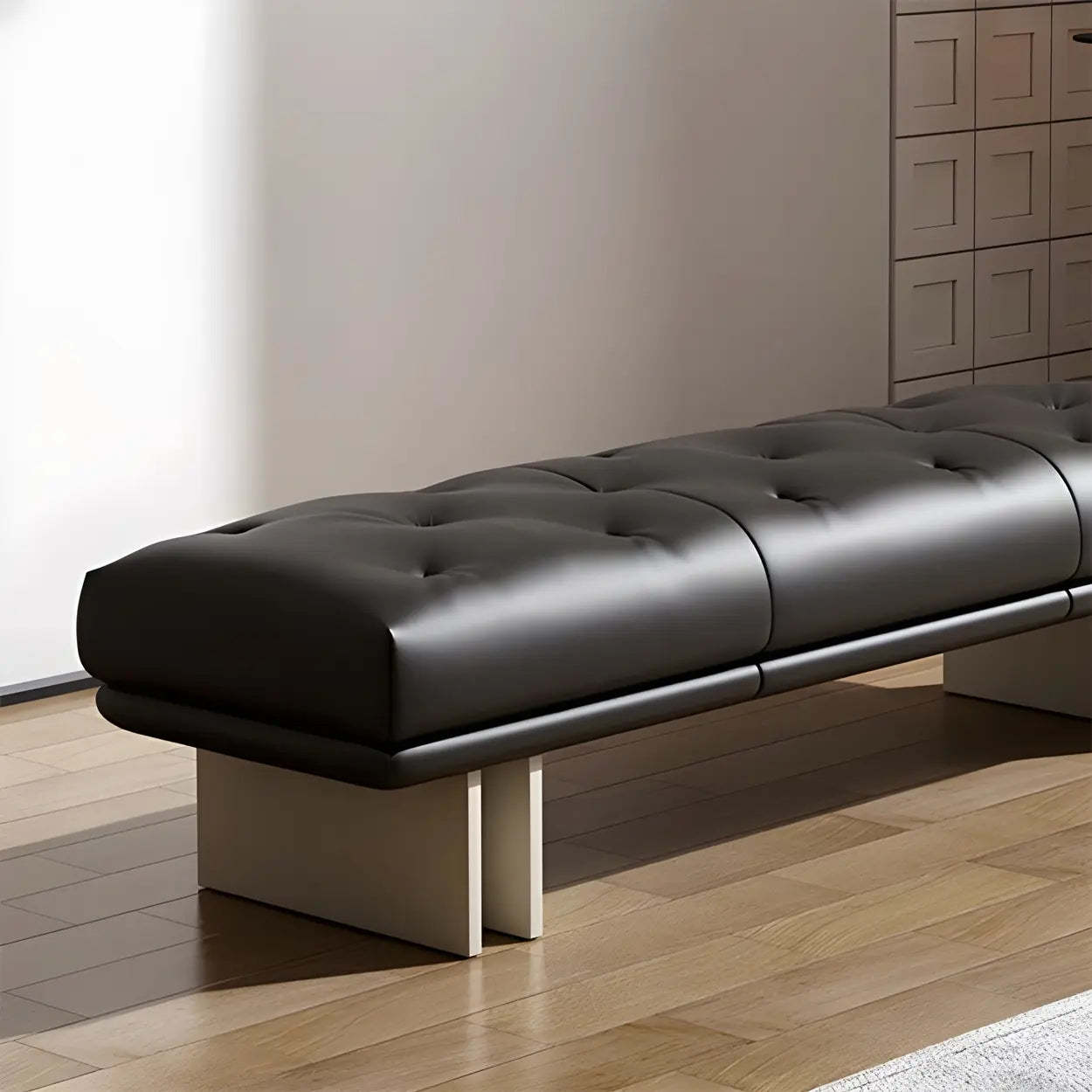 Upholstered Leather Bench with Modern Base — Brown / Genuine Leather