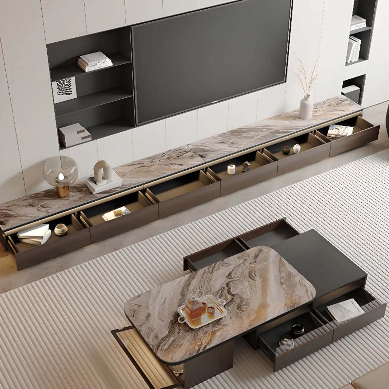 Modern Marble Top TV Stand with Drawers