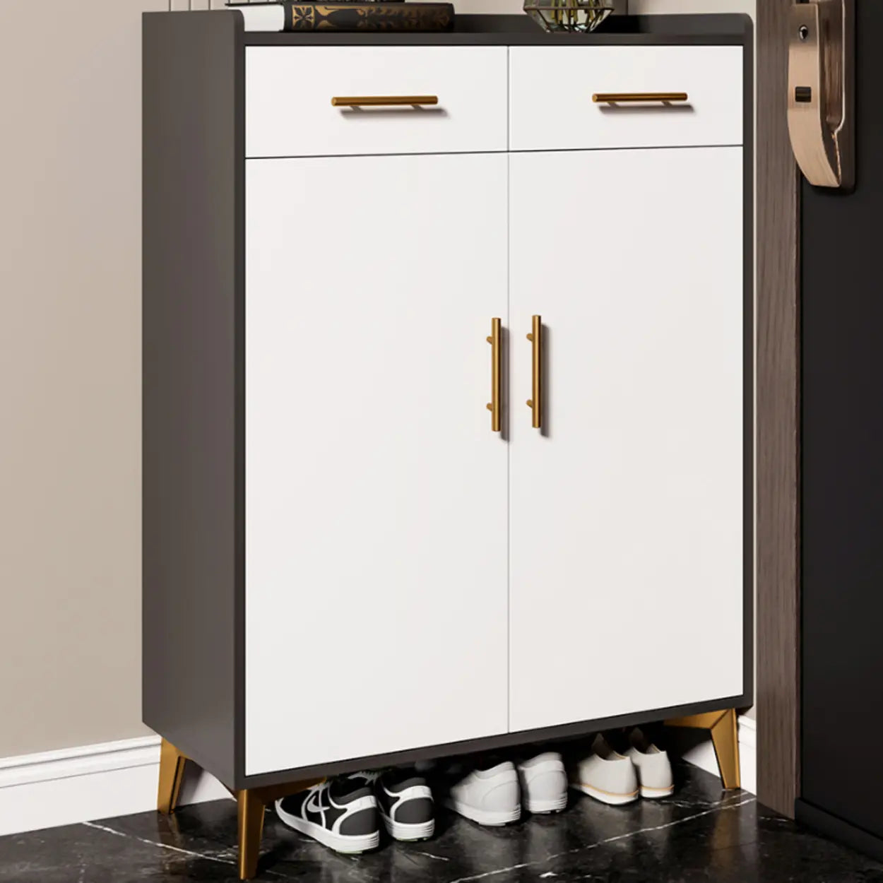 Modern Two-Door White Wood Shoe Cabinet