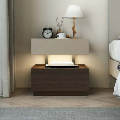 Modern Two-Tone Nightstand with LED Light — Khaki/ Brown