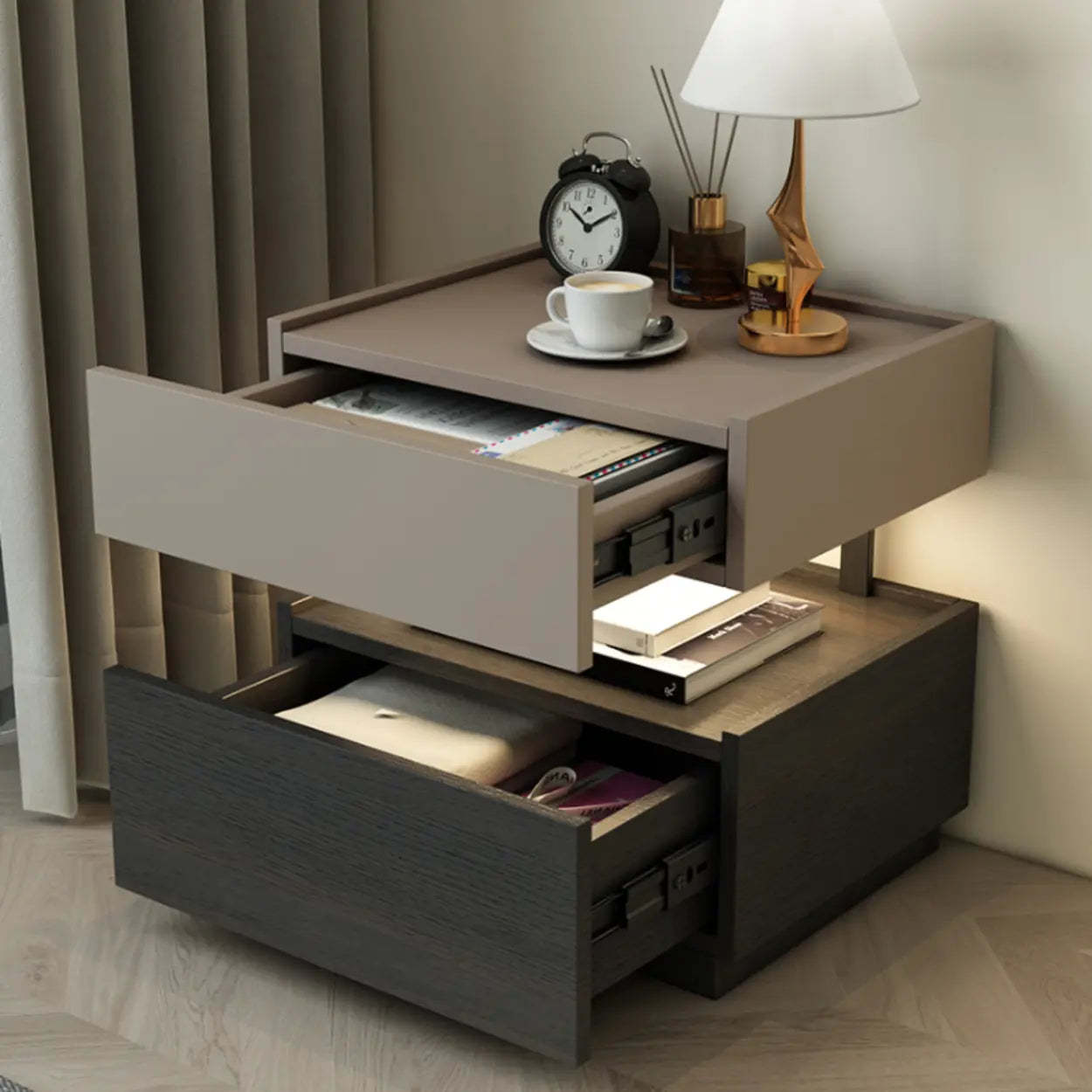 Modern Two-Tone Nightstand with LED Light — Black