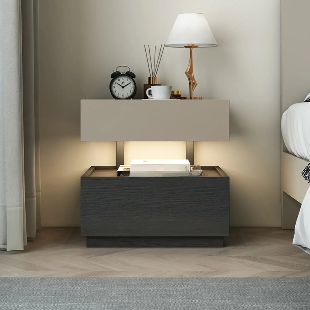 Modern Two-Tone Nightstand with LED Light — Brown