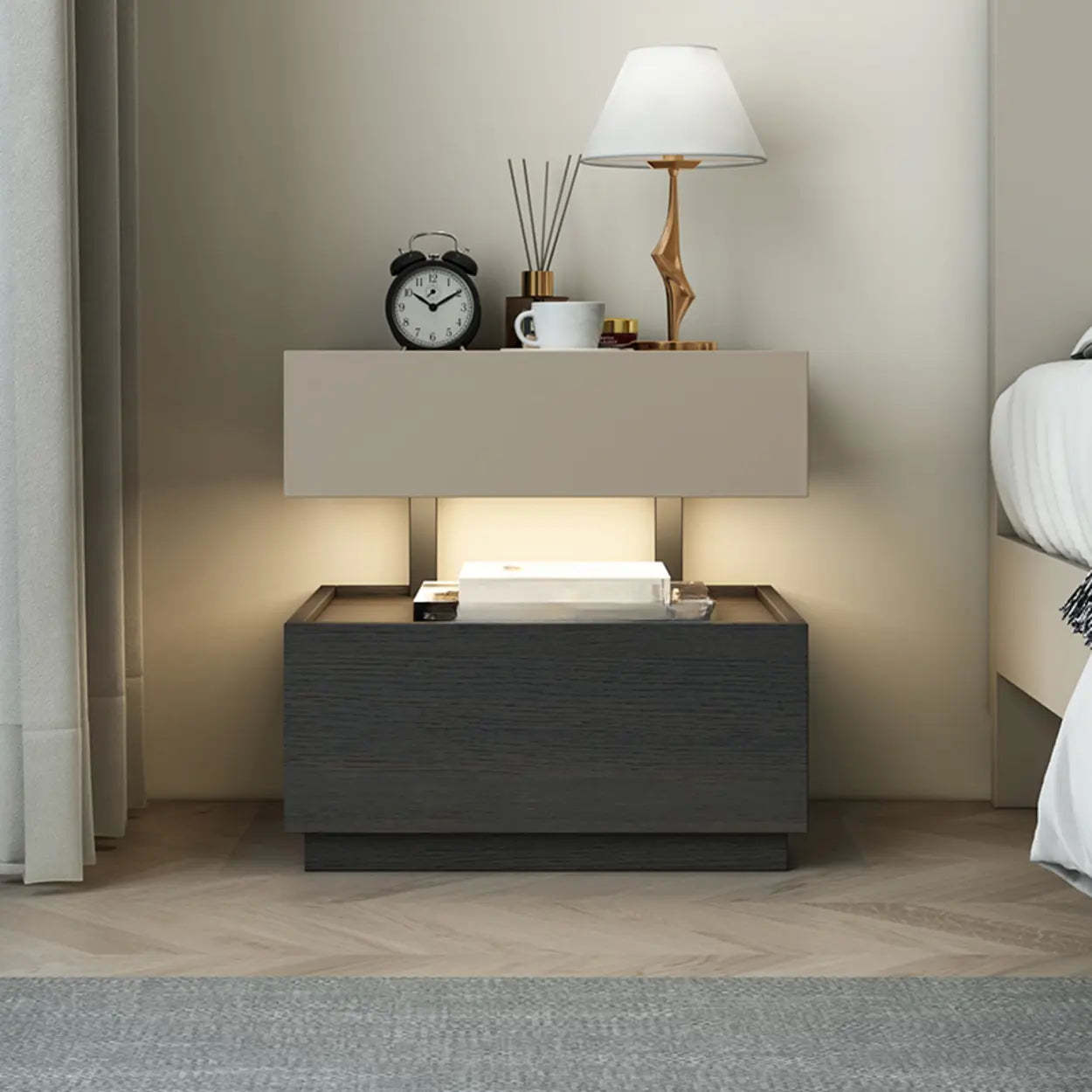 Modern Two-Tone Nightstand with LED Light — Brown