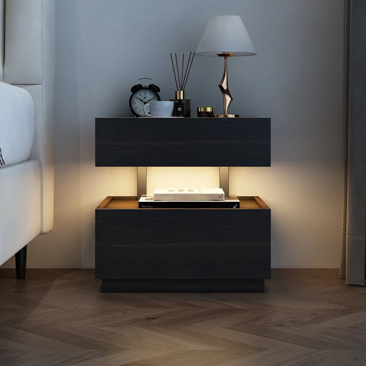 Modern Two-Tone Nightstand with LED Light — Gray-Brown