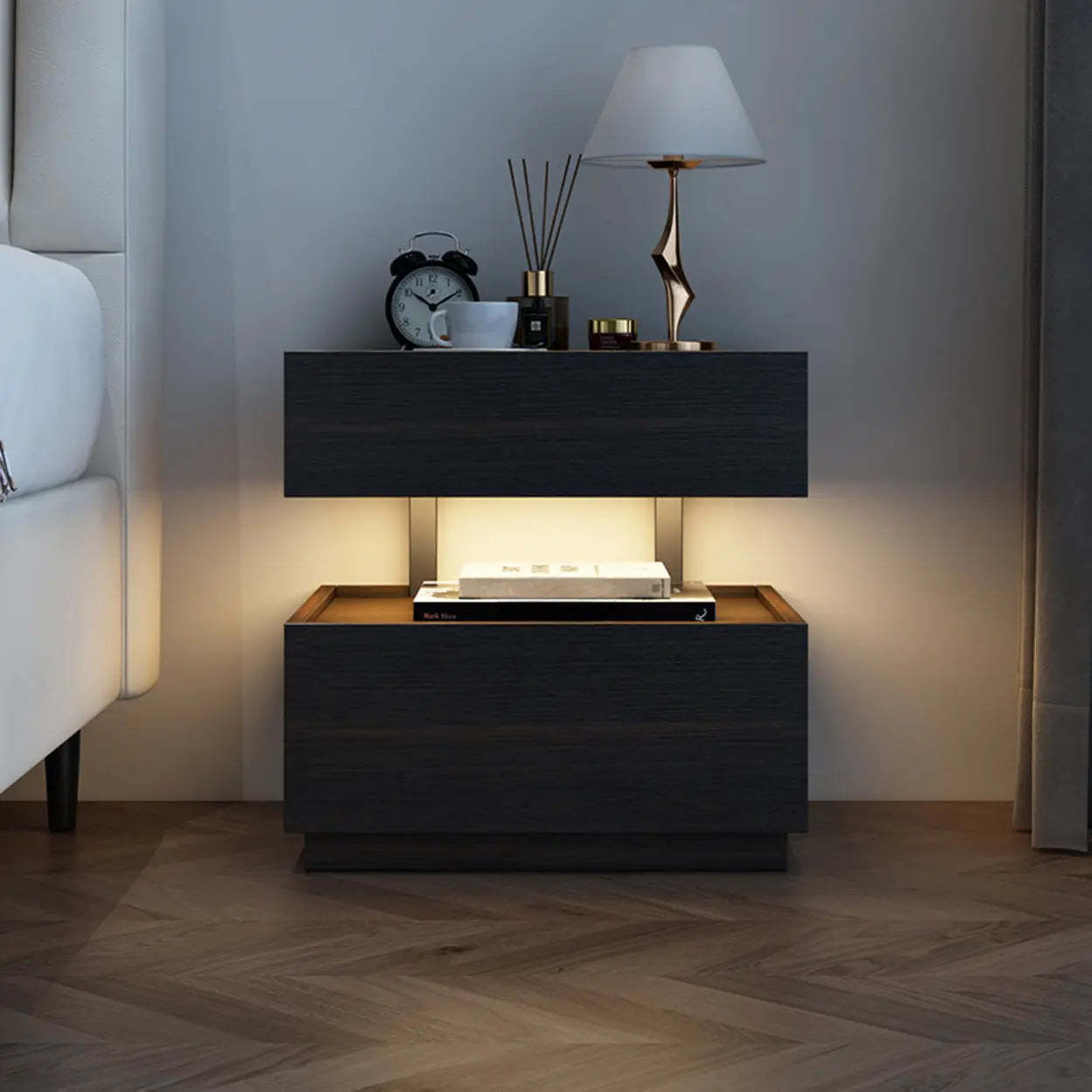 Modern Two-Tone Nightstand with LED Light — Gray-Brown