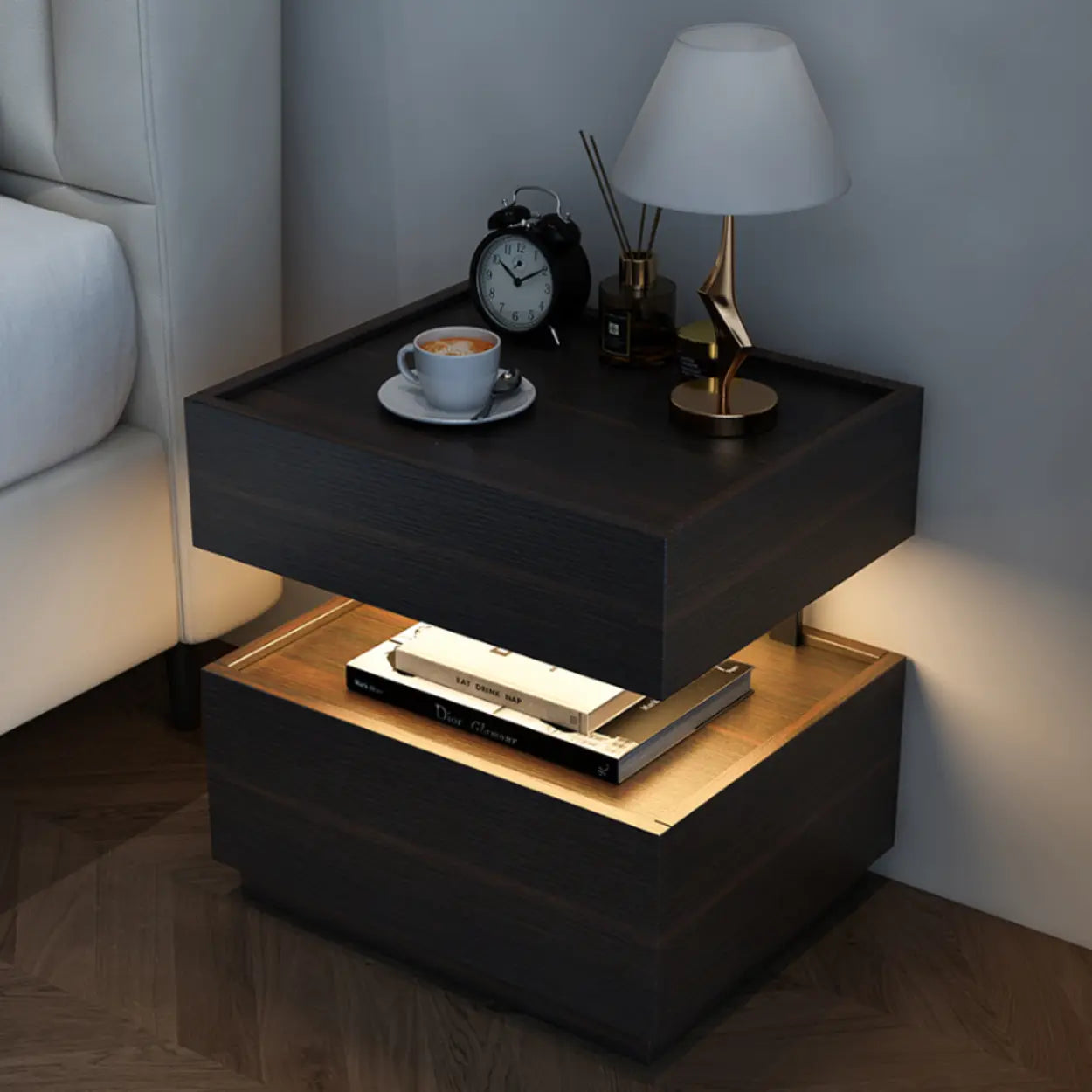 Modern Two-Tone Nightstand with LED Light — Khaki/ Brown