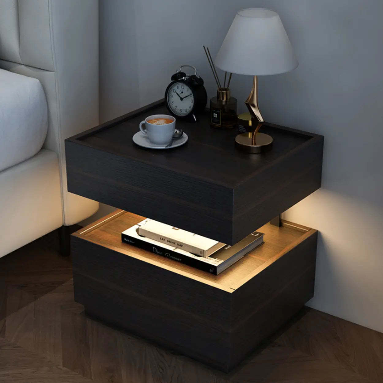 Modern Two-Tone Nightstand with LED Light — Khaki/ Brown