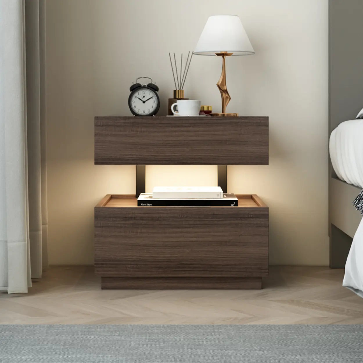 Modern Two-Tone Nightstand with LED Light — Khaki/ Black