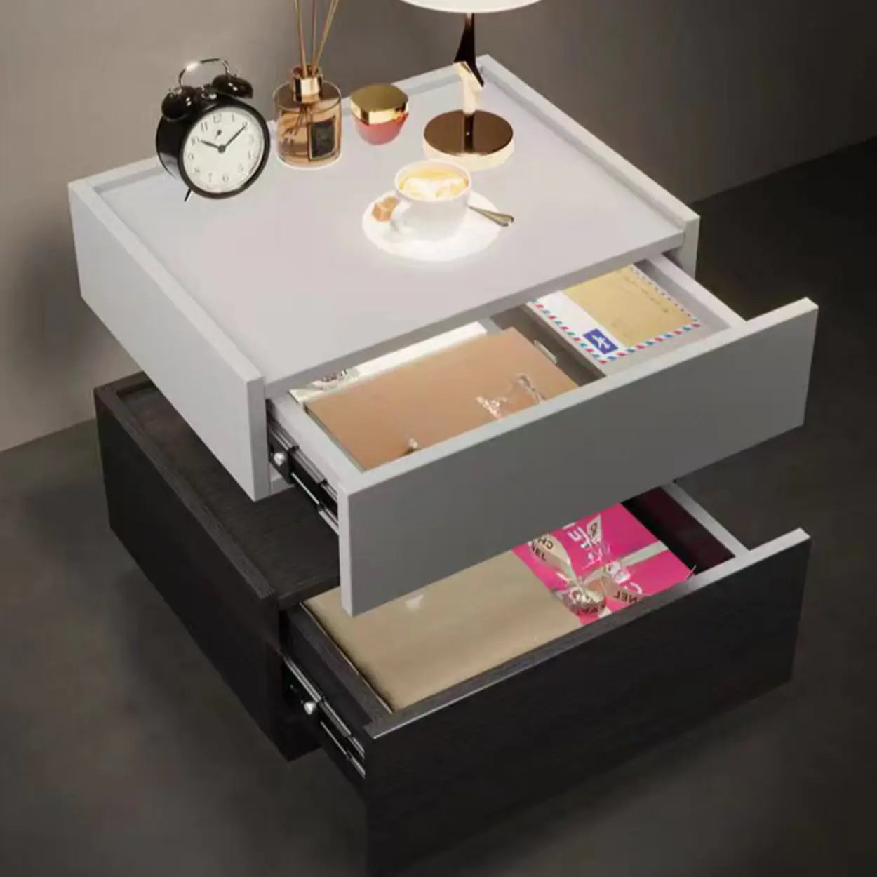 Modern Two-Tone Nightstand with LED Light — Gray/ Black