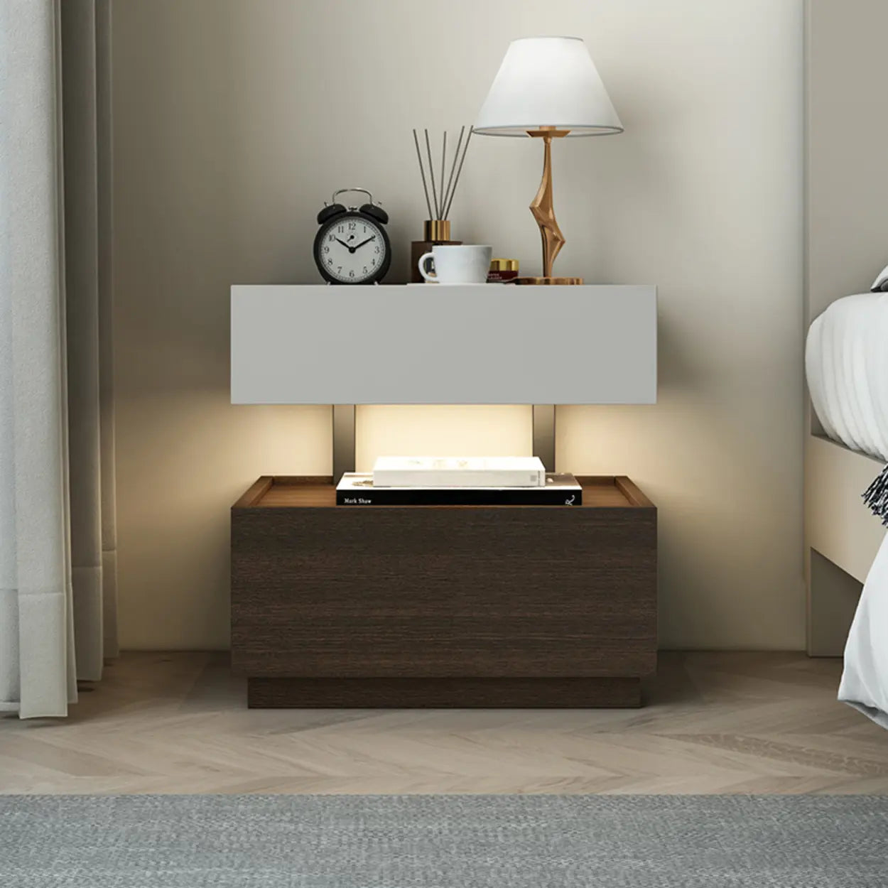 Modern Two-Tone Nightstand with LED Light — Black