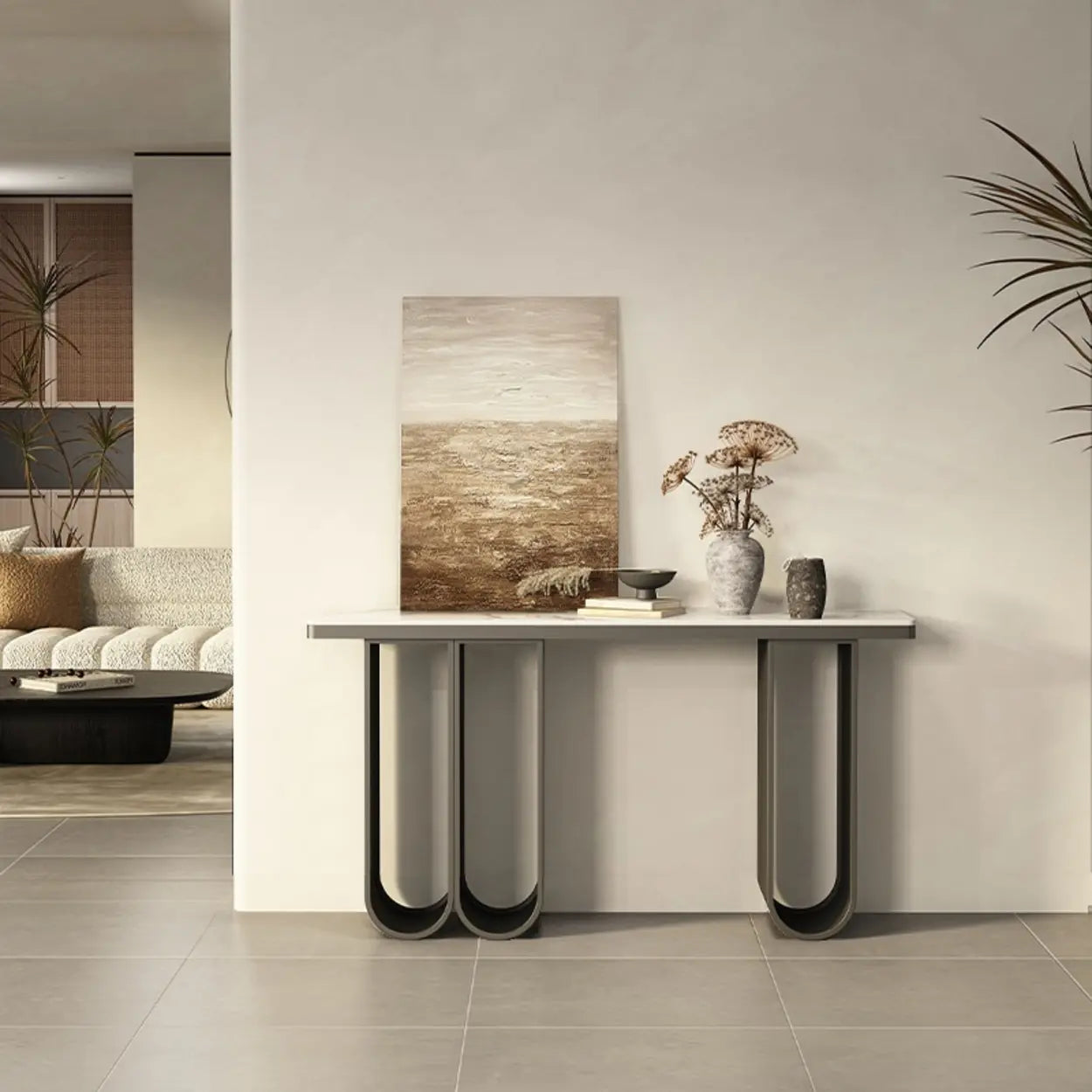 Modern U-Shaped Leg Stone Console Table — Black