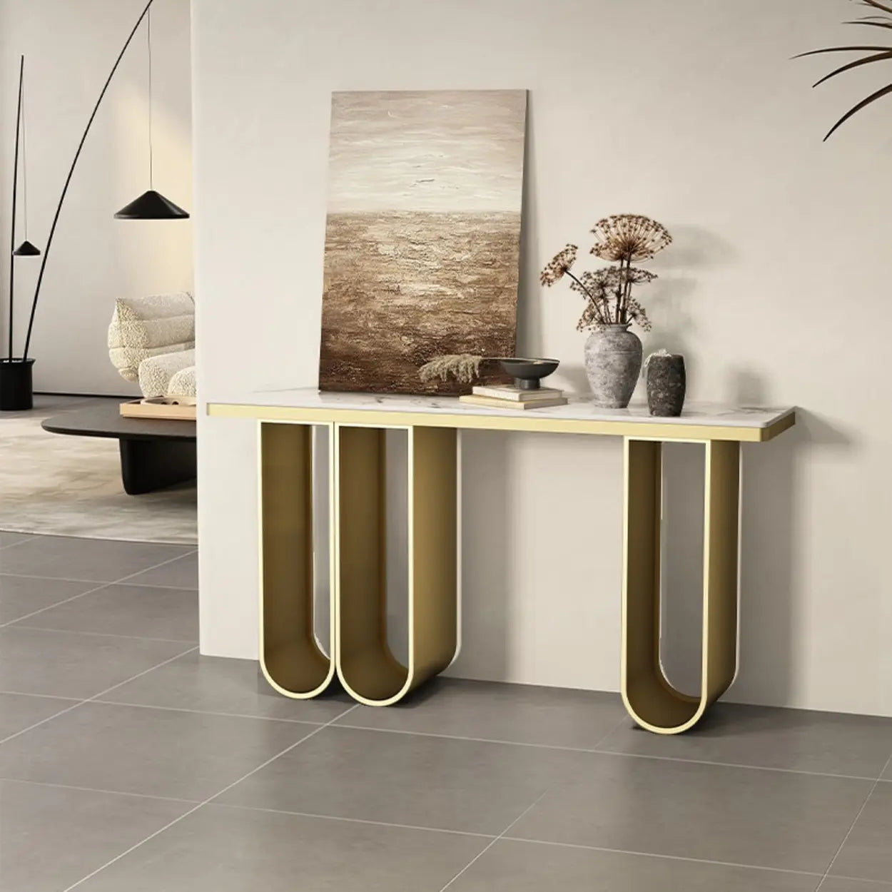 Modern U-Shaped Leg Stone Console Table — Gold