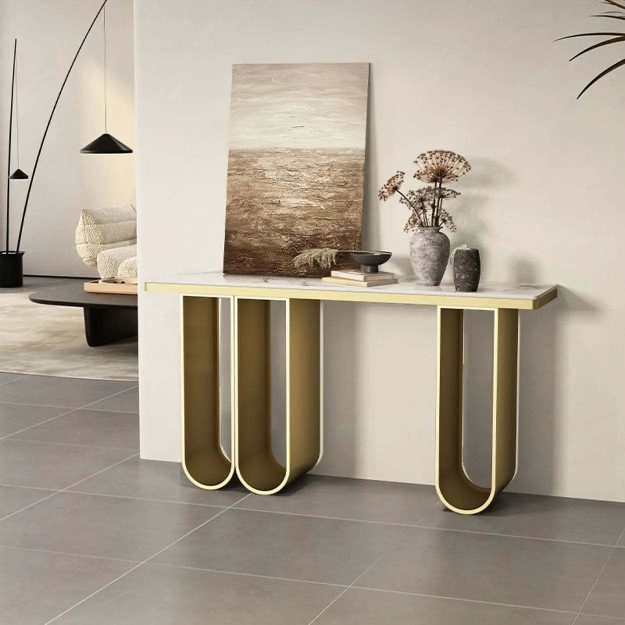 Modern U-Shaped Leg Stone Console Table — Gold