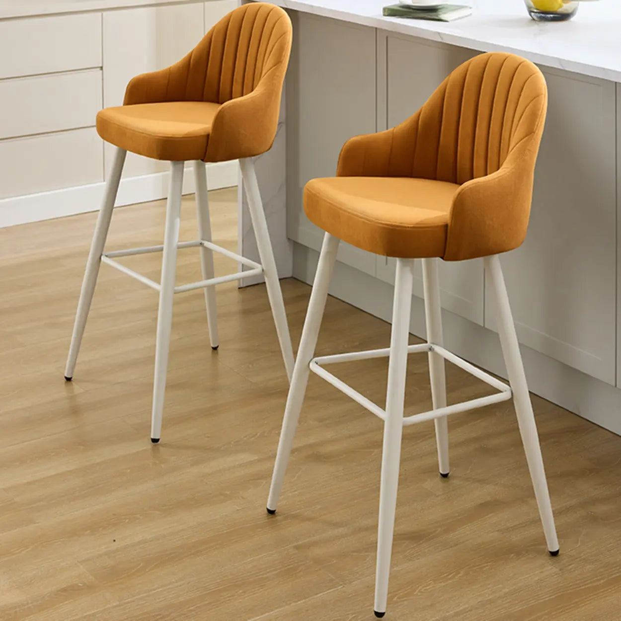 Apricot Upholstered Rectangular Bar Stool with Arms — Orange