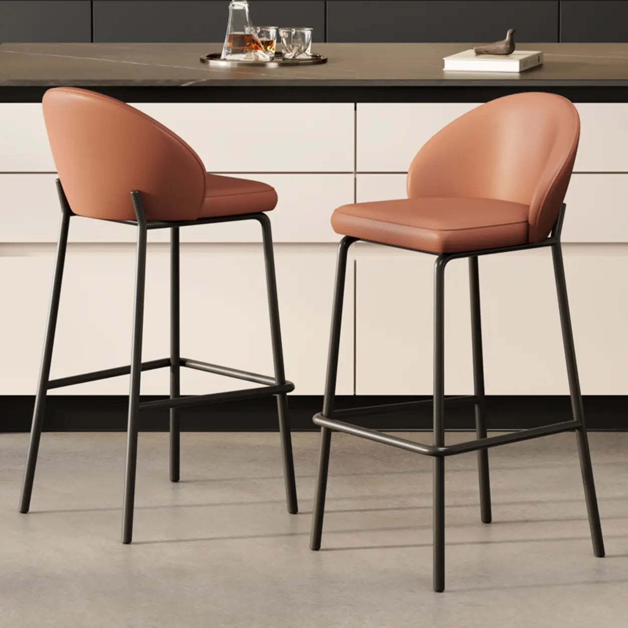 Modern Upholstered Leather Bar Stool — Red Brown