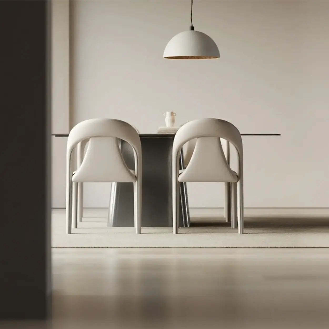 Modern Off-White Leather Curved Back Dining Chair