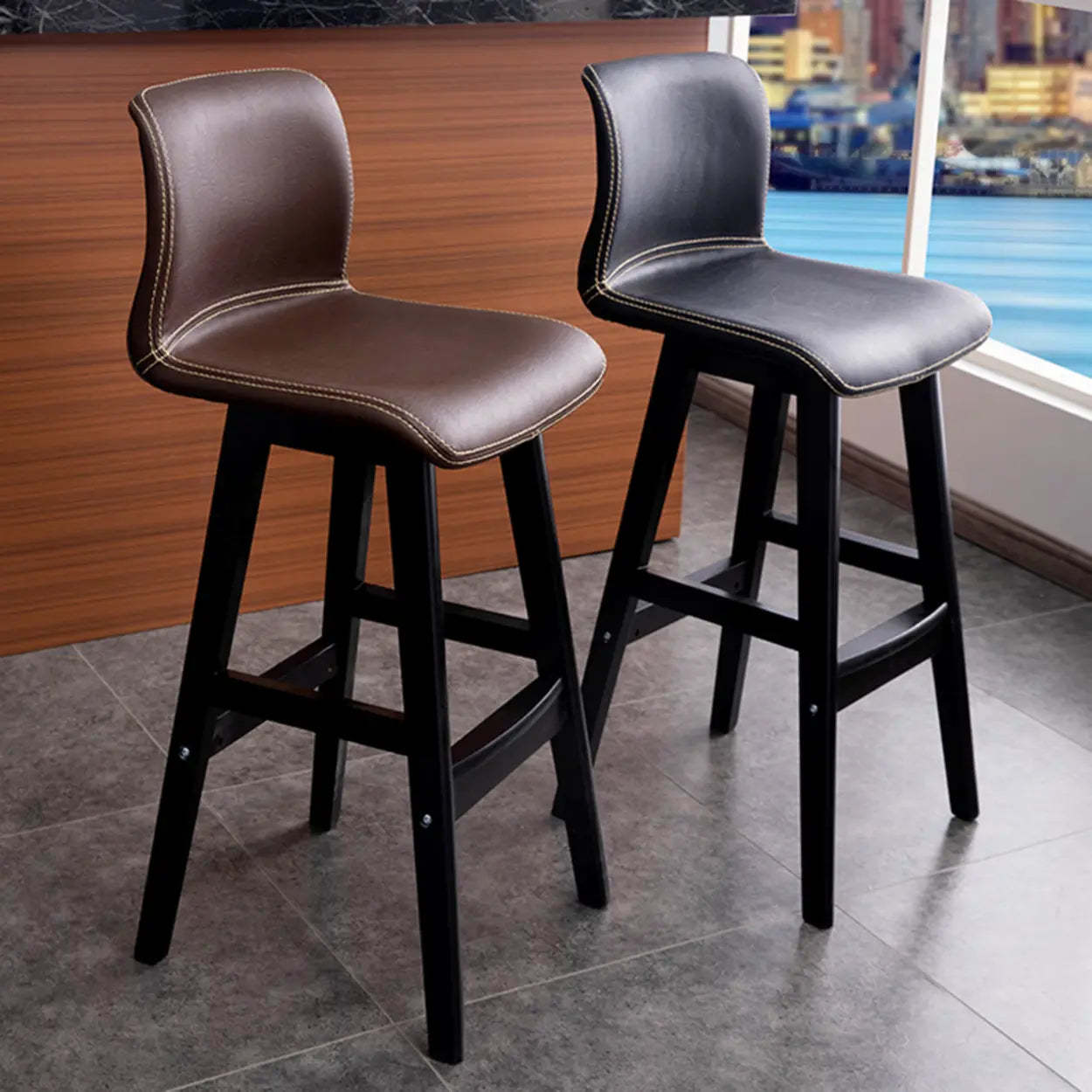 Modern Upholstered Low-Back Bucket Bar Stool — Black / Black