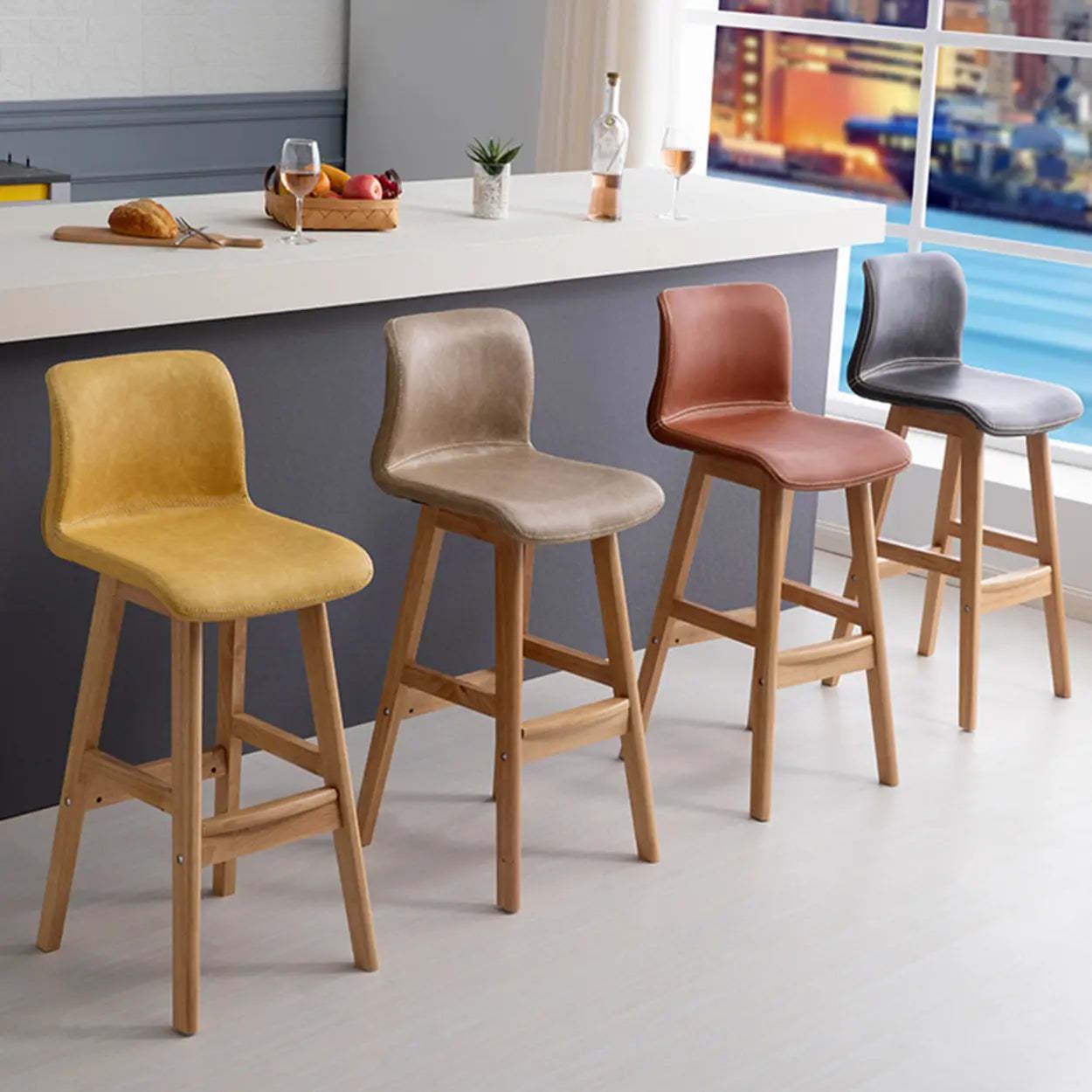 Modern Upholstered Low-Back Bucket Bar Stool — Black / Blue