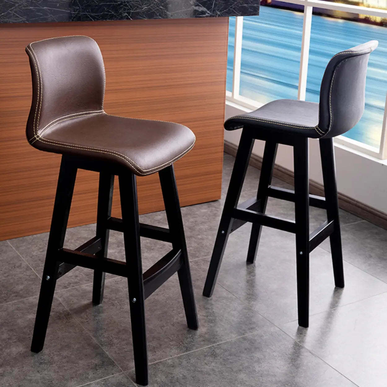 Modern Upholstered Low-Back Bucket Bar Stool — Black / Green