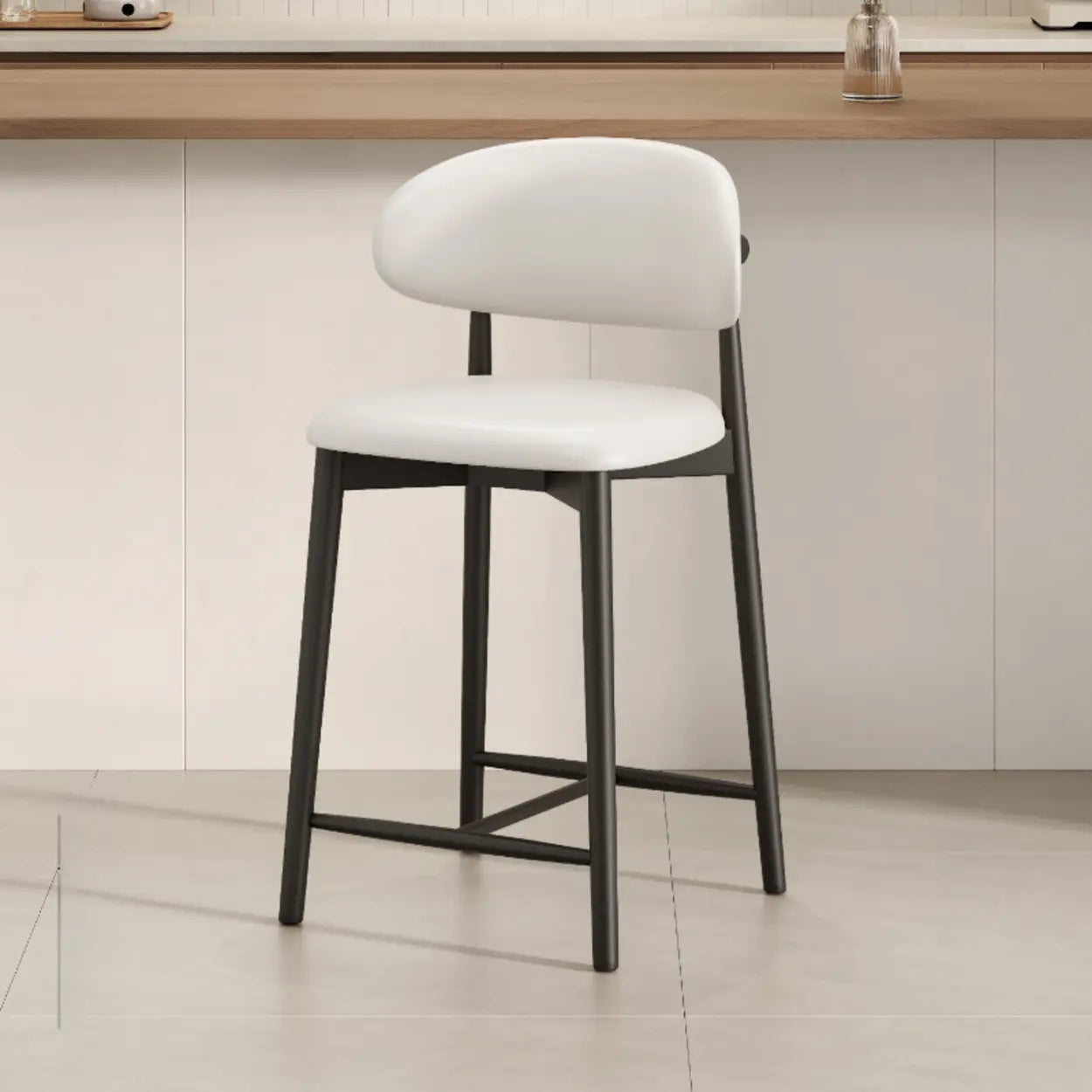 Modern Upholstered Low-Back Counter Bar Chair — Leather / Light Brown