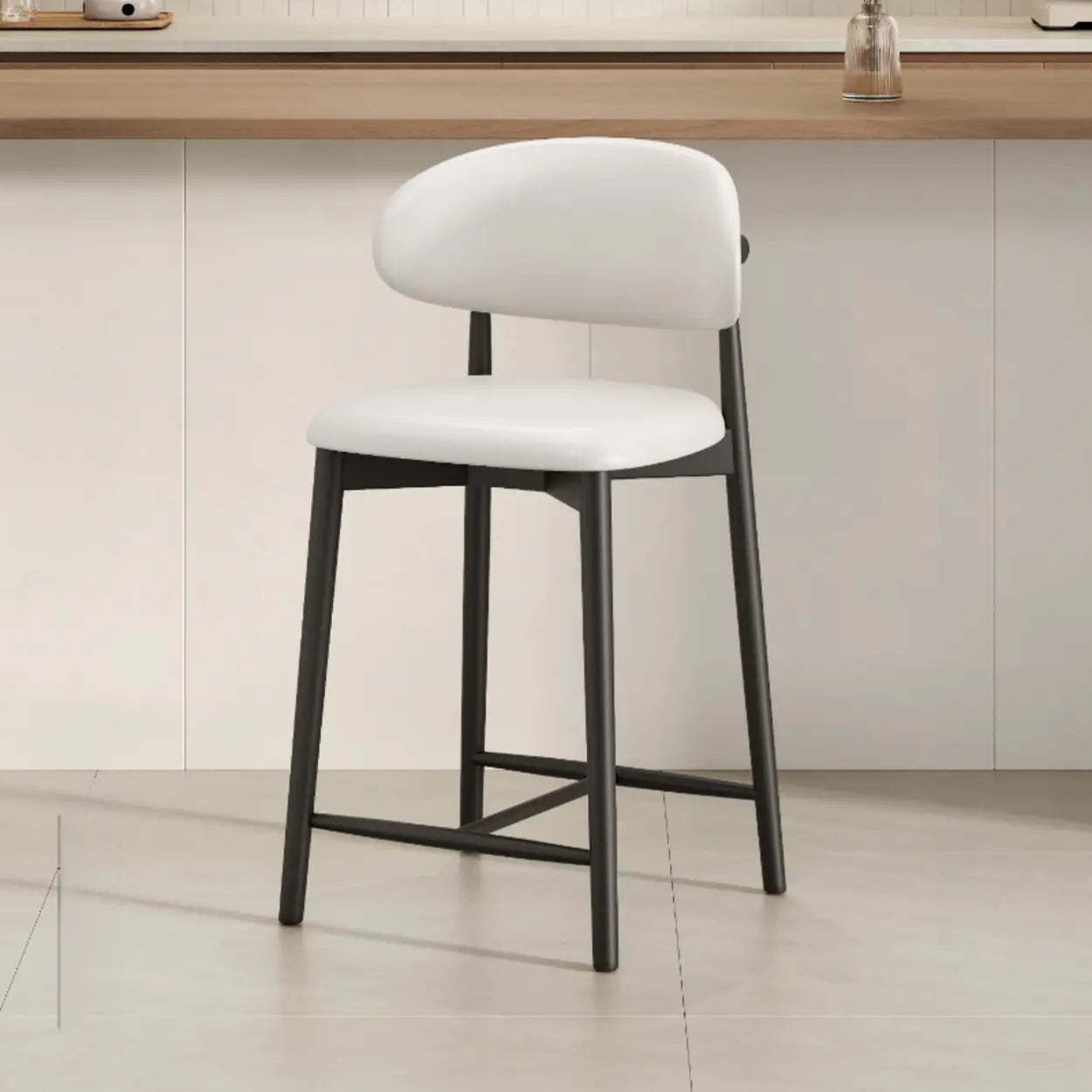 Modern Upholstered Low-Back Counter Bar Chair — Leather / Light Brown