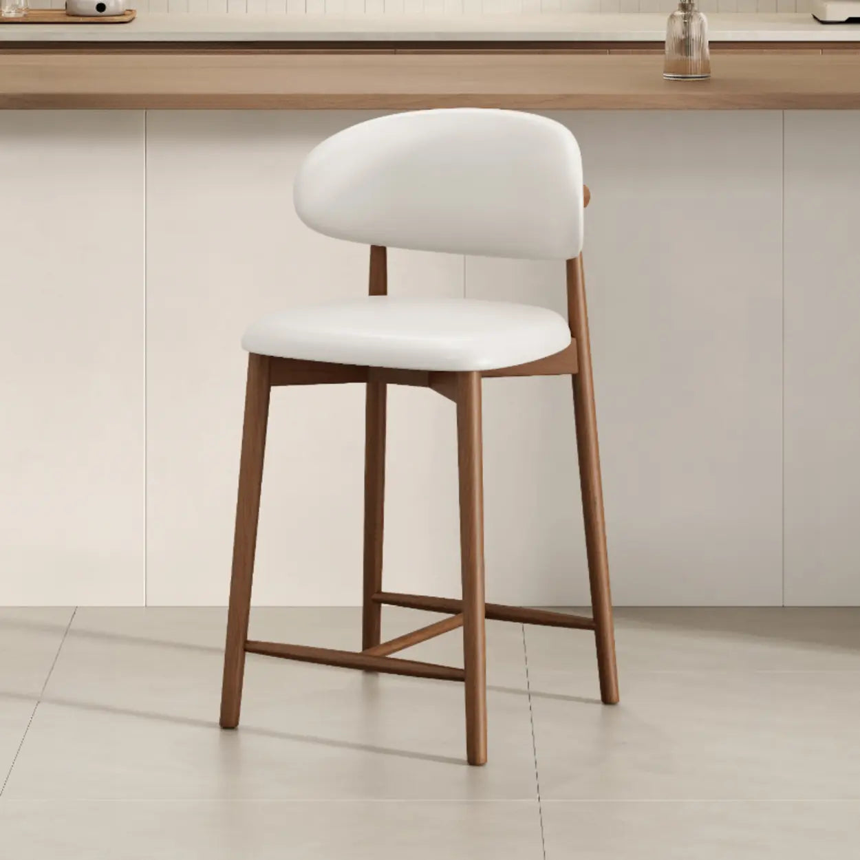Modern Upholstered Low-Back Counter Bar Chair — Leather / Light Brown