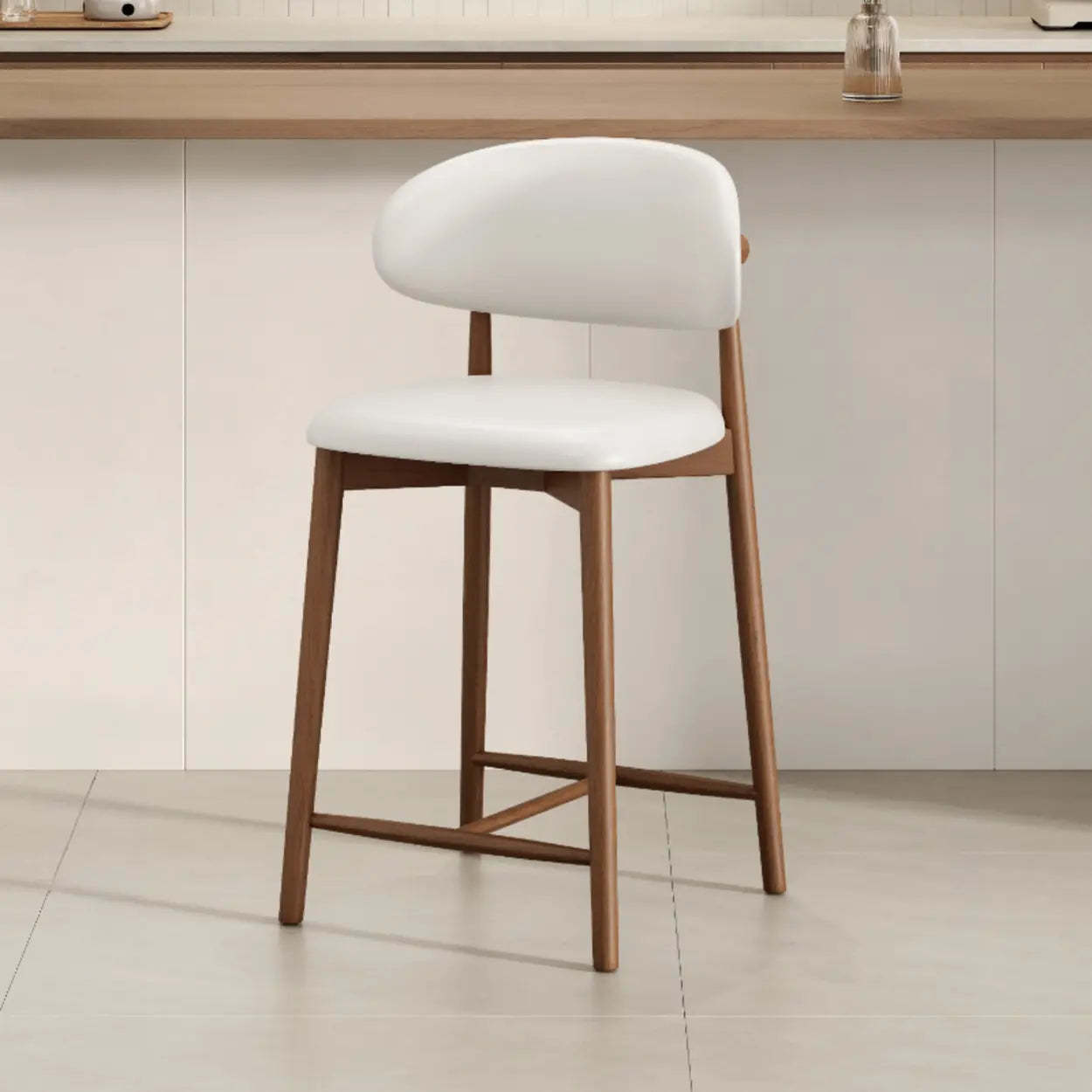 Modern Upholstered Low-Back Counter Bar Chair — Leather / Light Brown