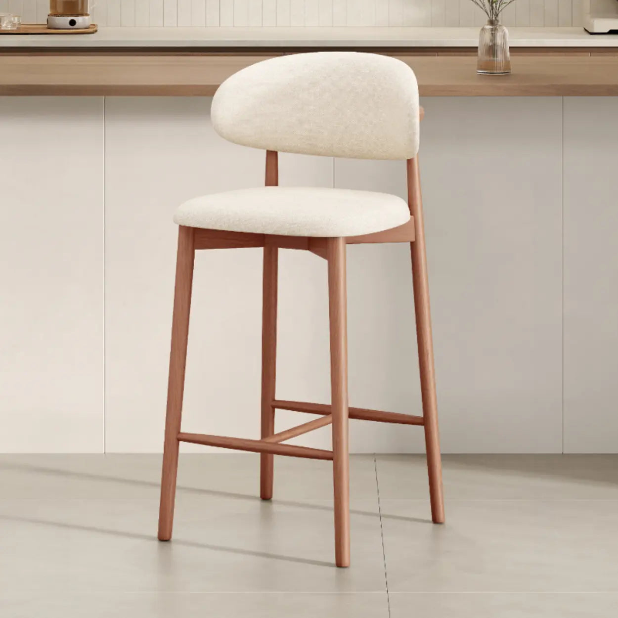 Modern Upholstered Low-Back Counter Bar Chair — Cotton & Linen / Walnut
