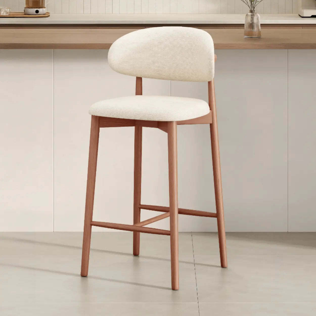 Modern Upholstered Low-Back Counter Bar Chair — Cotton & Linen / Walnut