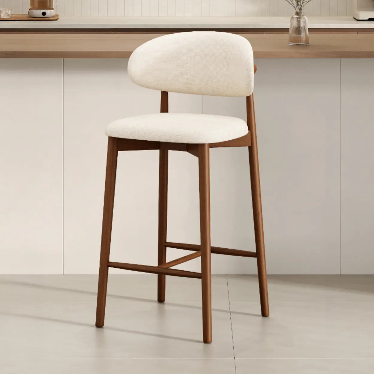 Modern Upholstered Low-Back Counter Bar Chair — Cotton & Linen / Walnut
