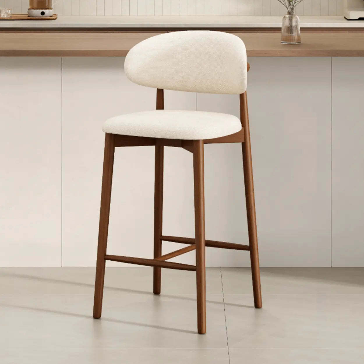 Modern Upholstered Low-Back Counter Bar Chair — Cotton & Linen / Walnut