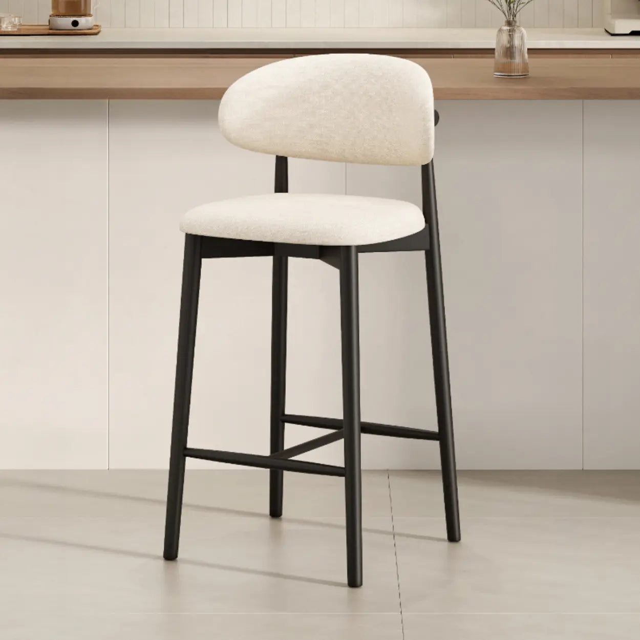 Modern Upholstered Low-Back Counter Bar Chair — Cotton & Linen / Light Brown