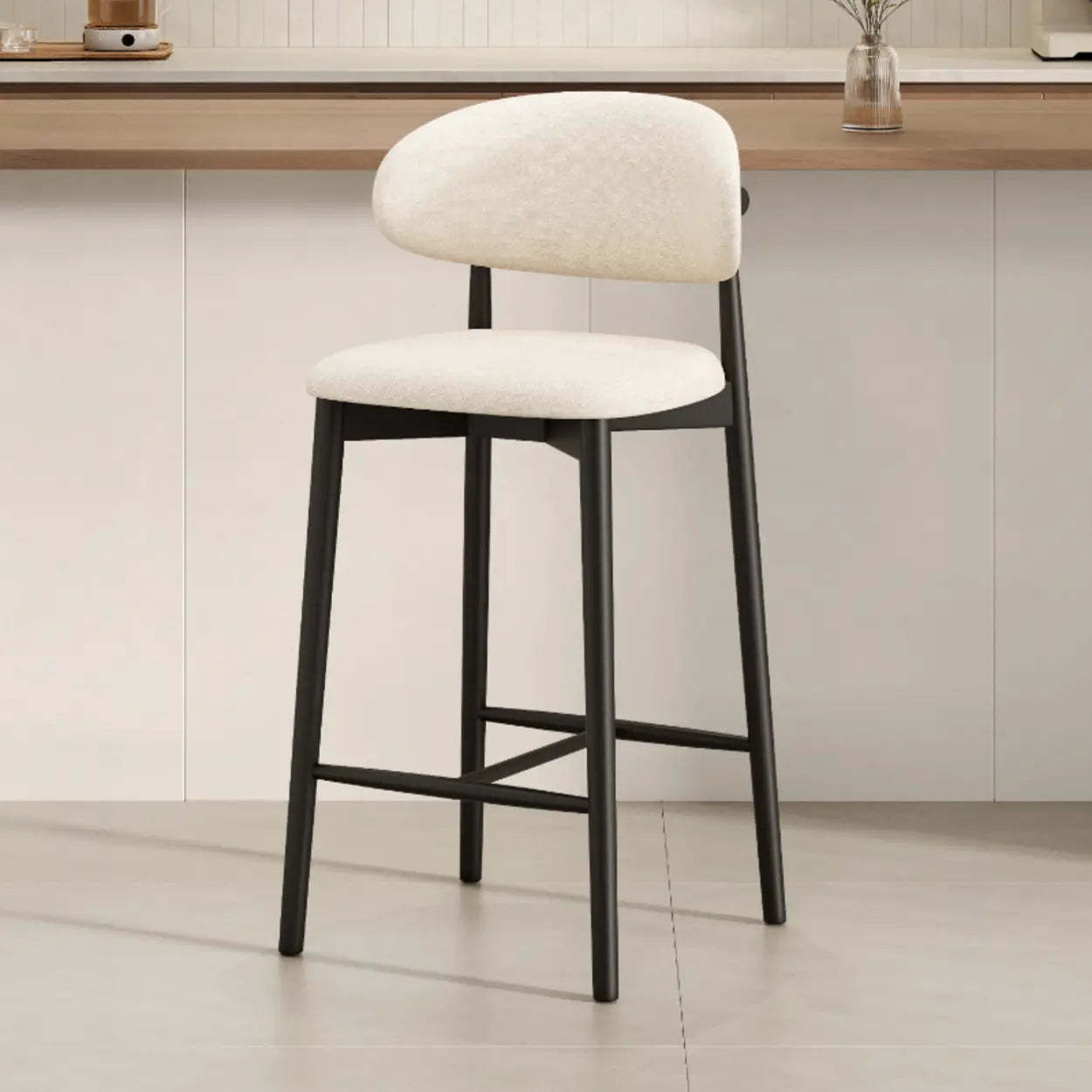 Modern Upholstered Low-Back Counter Bar Chair — Cotton & Linen / Light Brown